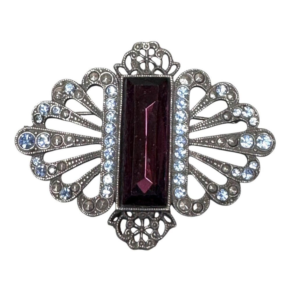 1928 Brand Victorian Antique Inspired Silver Brooch Ruby Red & Clear Stones 2"